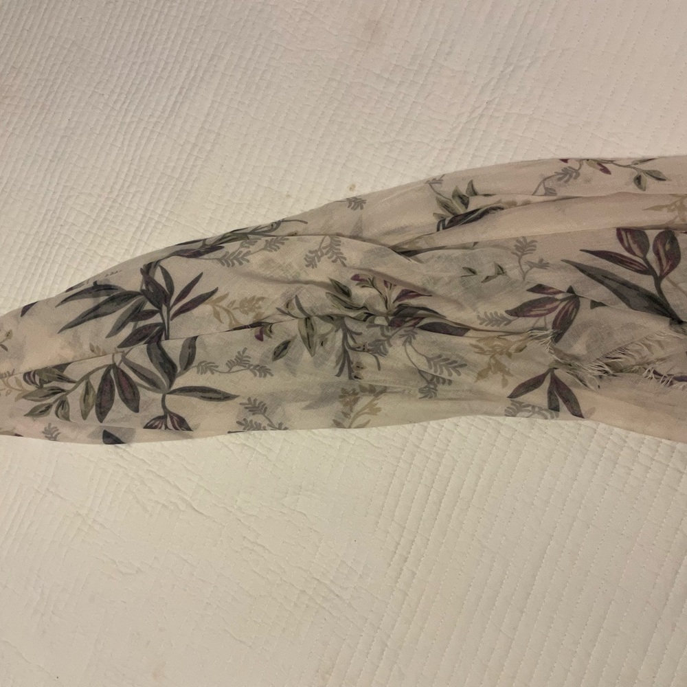 Gauzy raw edge scarf labels removed--grey mulberry olive design on off white